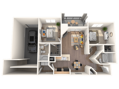 A 3D floor plan of a small apartment with a kitchen, living room, and bathroom.